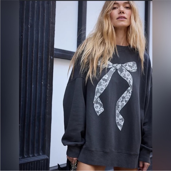 aerie Tops - Aerie Big Chill Lace Bow Oversized Sweatshirt Coquette Washed Black and White L